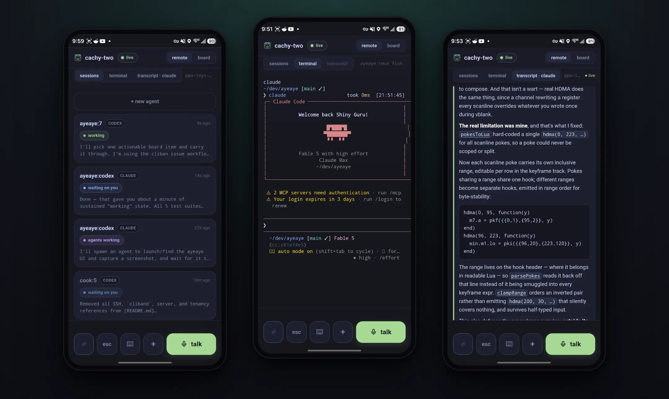 Three phones running ayeaye: the sessions list with live status, a live Claude Code terminal, and the same session as a formatted transcript